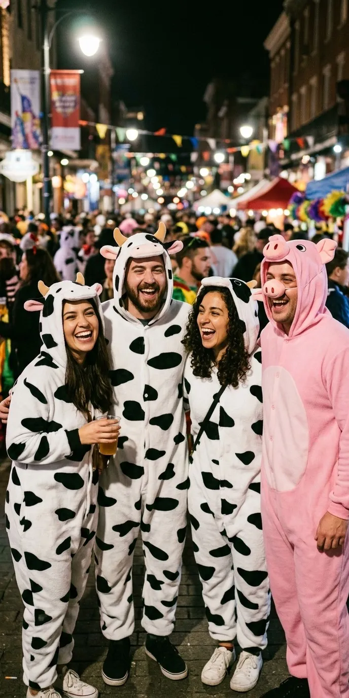 Grupo de adultos con disfraces de vaca de mono blanco con manchas negras y capucha con orejas y cuernos, y uno con mono rosa de cerdo con hocico, riendo juntos en una calle