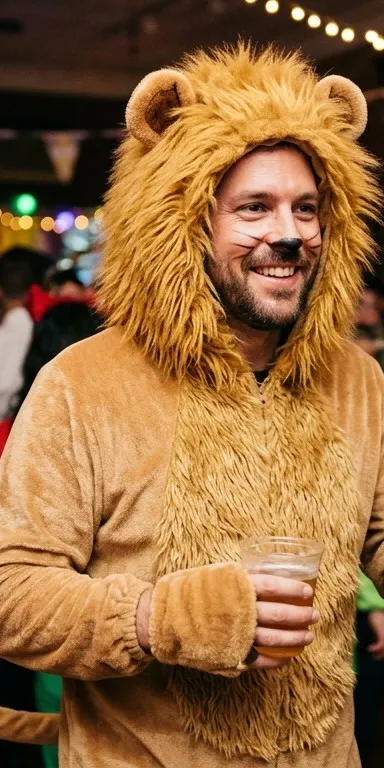 Hombre adulto disfrazado de león con mono marrón claro, capucha con melena de pelo sintético dorada y orejas redondas, y cola, en una fiesta de interior