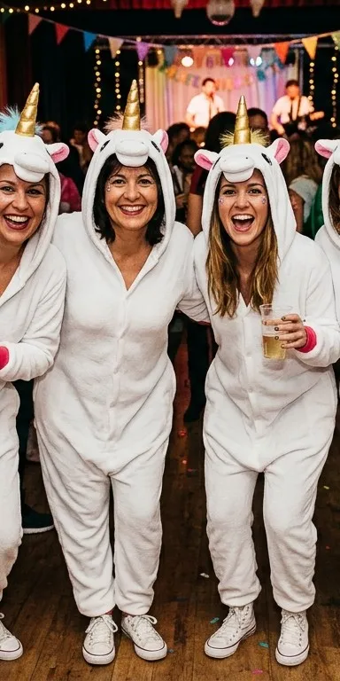 Tres mujeres adultas con disfraces de unicornio de mono blanco, capucha con cuerno dorado y crin de colores pastel, posando y riendo juntas en una fiesta