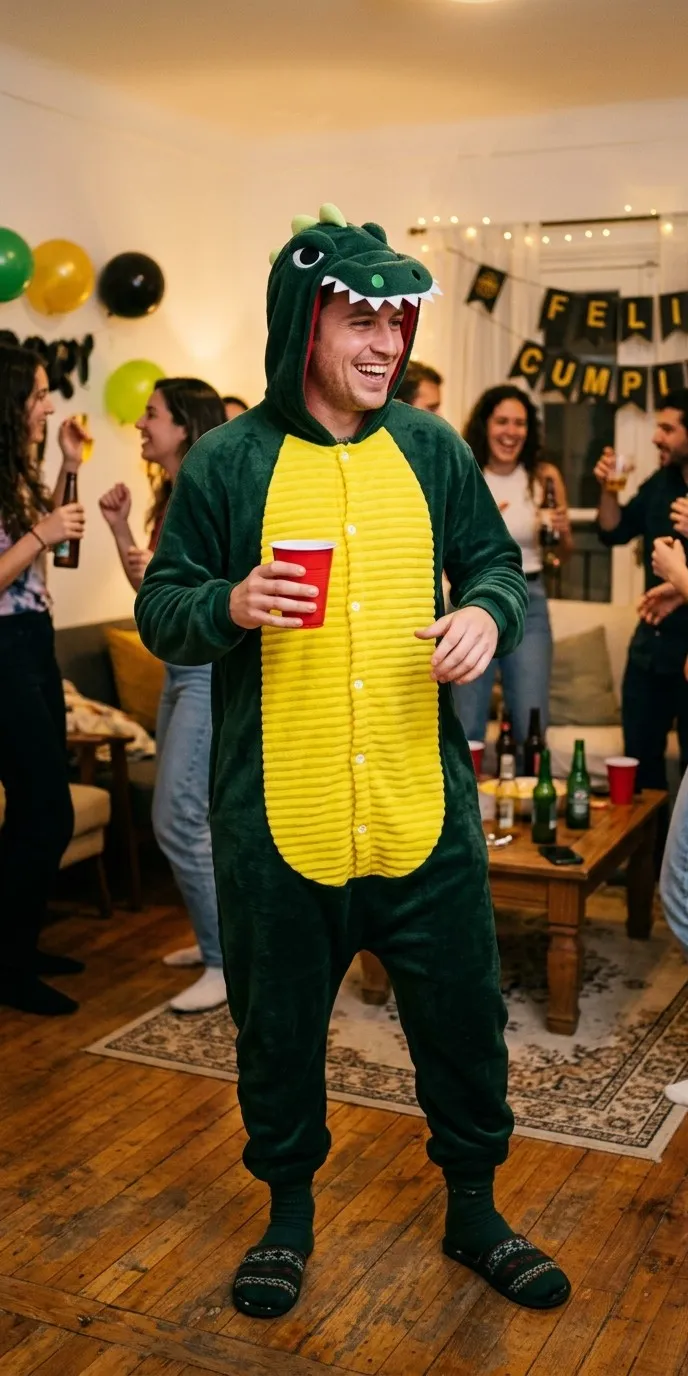 Hombre adulto con kigurumi de cocodrilo de una pieza en verde oscuro, con panza amarilla abotonada, capucha con ojos y dientes blancos de pico, y puños y tobillos elásticos