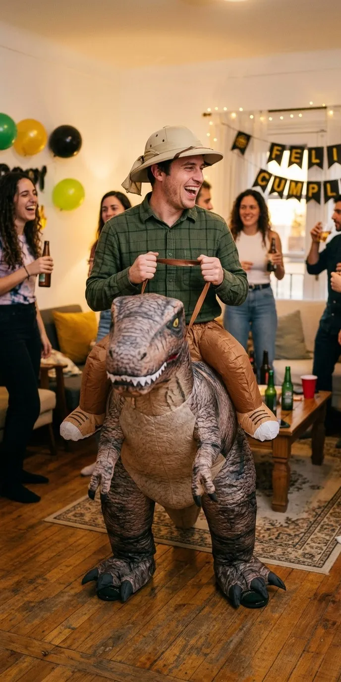 Hombre adulto con disfraz hinchable de dinosaurio de montar, con el cuerpo del dinosaurio marrón y gris inflado alrededor de la cintura simulando que va a lomos, sombrero de explorador beis y riendas en las manos