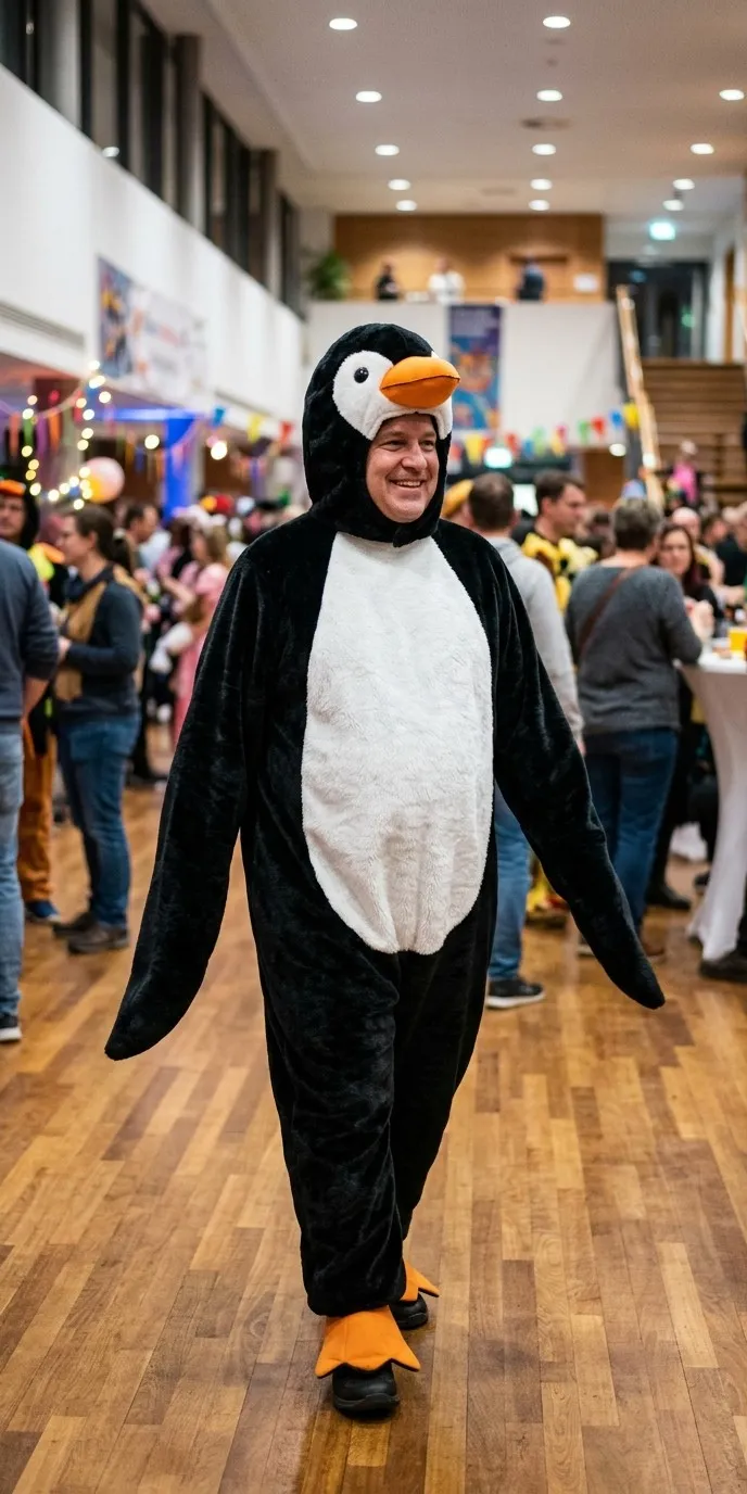 Adulto disfrazado de pingüino de cuerpo entero en negro y blanco, con capucha de pico naranja, panza blanca y alas laterales, andando por una fiesta de interior