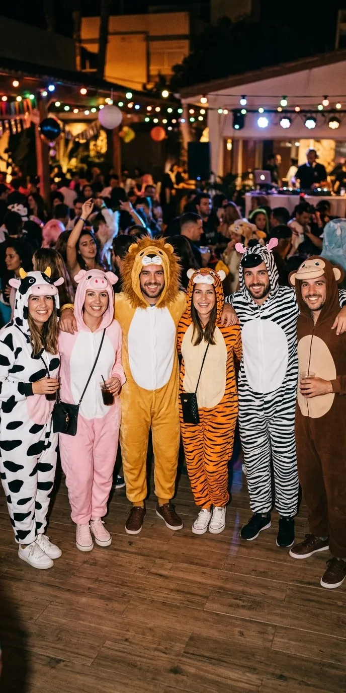 Grupo de seis adultos con monos de animales distintos a juego —vaca, cerdo, león, tigre, cebra y mono— con capuchas de orejas, posando en fila en una fiesta nocturna