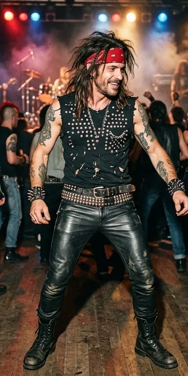 Hombre disfrazado de rockero de los ochenta con camiseta negra sin mangas con tachuelas, pantalón de cuero negro ajustado, cinturón de remaches, pañuelo rojo en la cabeza y melena larga, bailando entre gente con chupas de cuero en un concierto