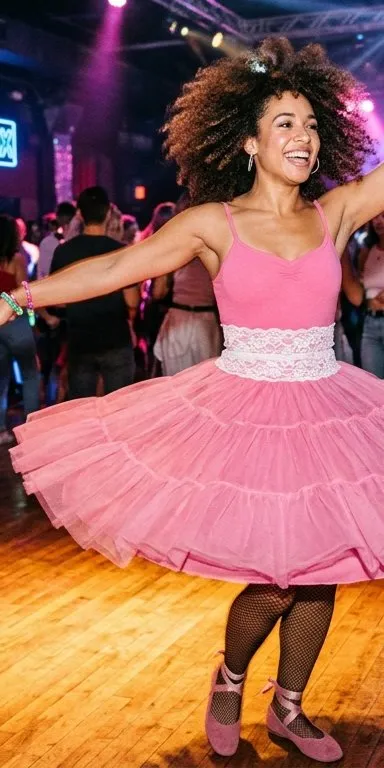 Mujer disfrazada de bailarina ochentera con vestido rosa de tirantes y falda de vuelo, cinturilla blanca de encaje, medias de rejilla y melena rizada, bailando en una discoteca con letreros de neón "RETRO NIGHT" y "80s MIX" al fondo