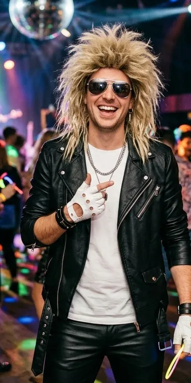 Hombre disfrazado de cantante pop ochentero con peluca rubia cardada, gafas de sol de aviador, chaqueta negra de cuero, camiseta blanca lisa y guantes, sonriendo en una fiesta con luces de discoteca