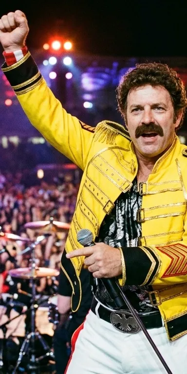 Hombre disfrazado de leyenda del rock de los ochenta con chaqueta amarilla de corte militar, pantalón blanco con franja roja y bigote, con el puño en alto y un micrófono en la otra mano sobre un escenario ante un estadio lleno