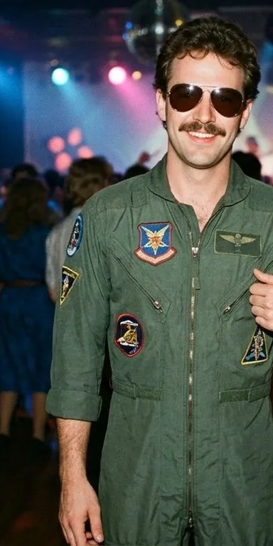 Hombre disfrazado de piloto de caza con mono verde militar de manga larga, cremallera frontal, varios parches en el pecho y en los brazos, gafas de sol de aviador y bigote, en una fiesta con luces de discoteca
