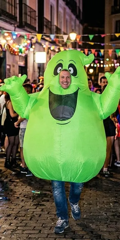Hombre con disfraz hinchable de fantasma verde de gran tamaño, cara visible en el hueco de la boca, brazos regordetes, sobre vaqueros y zapatillas, corriendo de noche por una calle con banderines