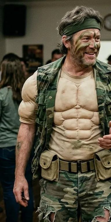 Hombre disfrazado de ex-soldado con camiseta beige de musculatura acolchada bajo un chaleco de camuflaje, pantalón de camuflaje deshilachado, cinta en la cabeza y cara pintada de camuflaje