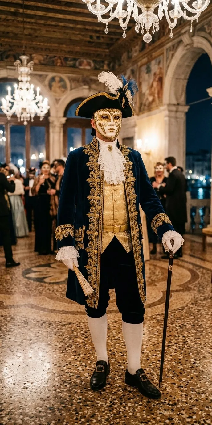 Hombre adulto disfrazado de caballero veneciano con casaca larga de terciopelo azul oscuro con bordados dorados, chaleco dorado, chorrera de encaje blanco, calzón negro, medias blancas, tricornio con plumas y máscara blanca y dorada, con abanico y bastón en un salón de baile