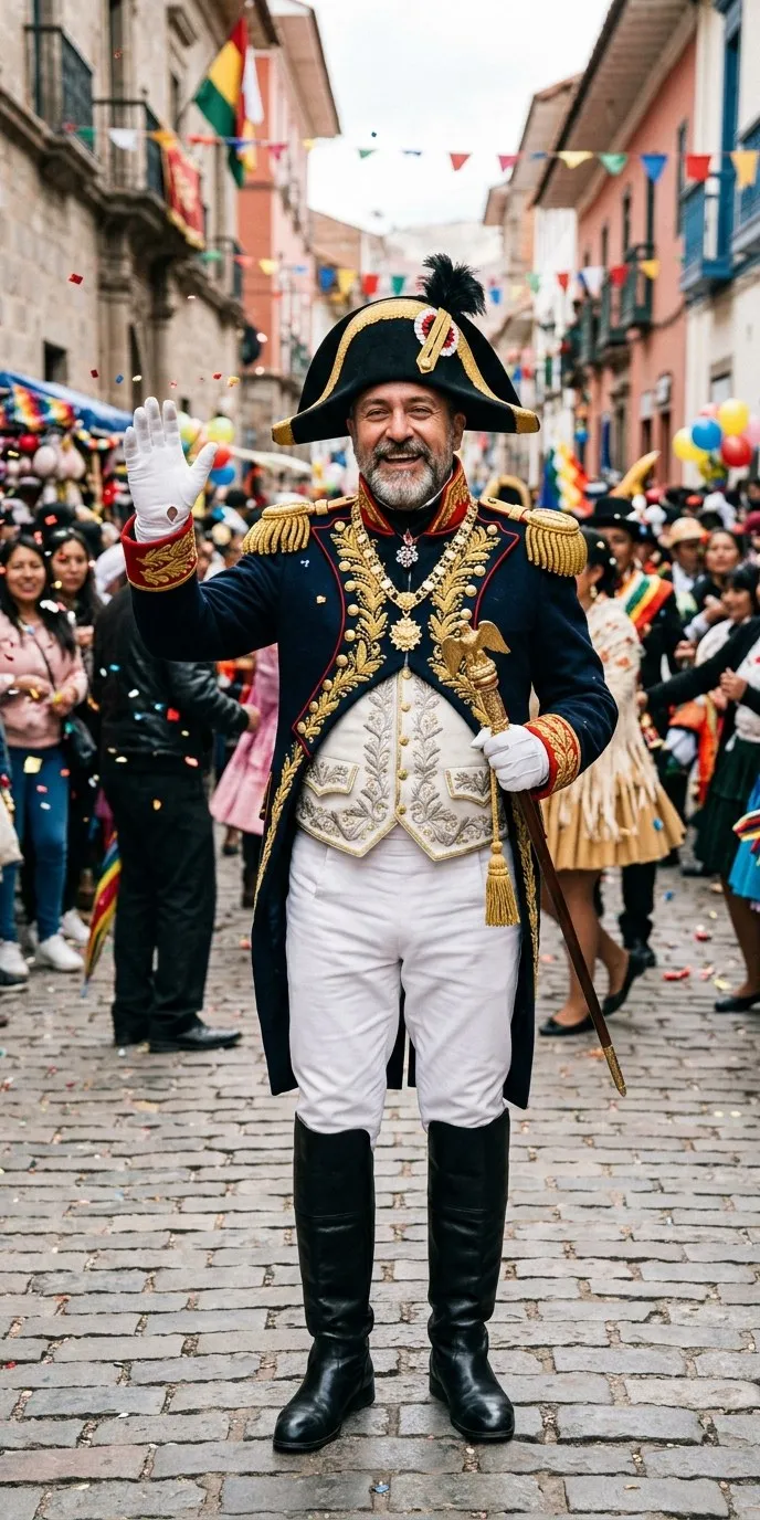 Hombre adulto disfrazado de emperador del siglo XIX con casaca azul marino con bordados dorados y cuello rojo, charreteras doradas, chaleco blanco, pantalón blanco, botas altas negras y bicornio negro con pluma, saludando con un guante blanco en una calle de carnaval