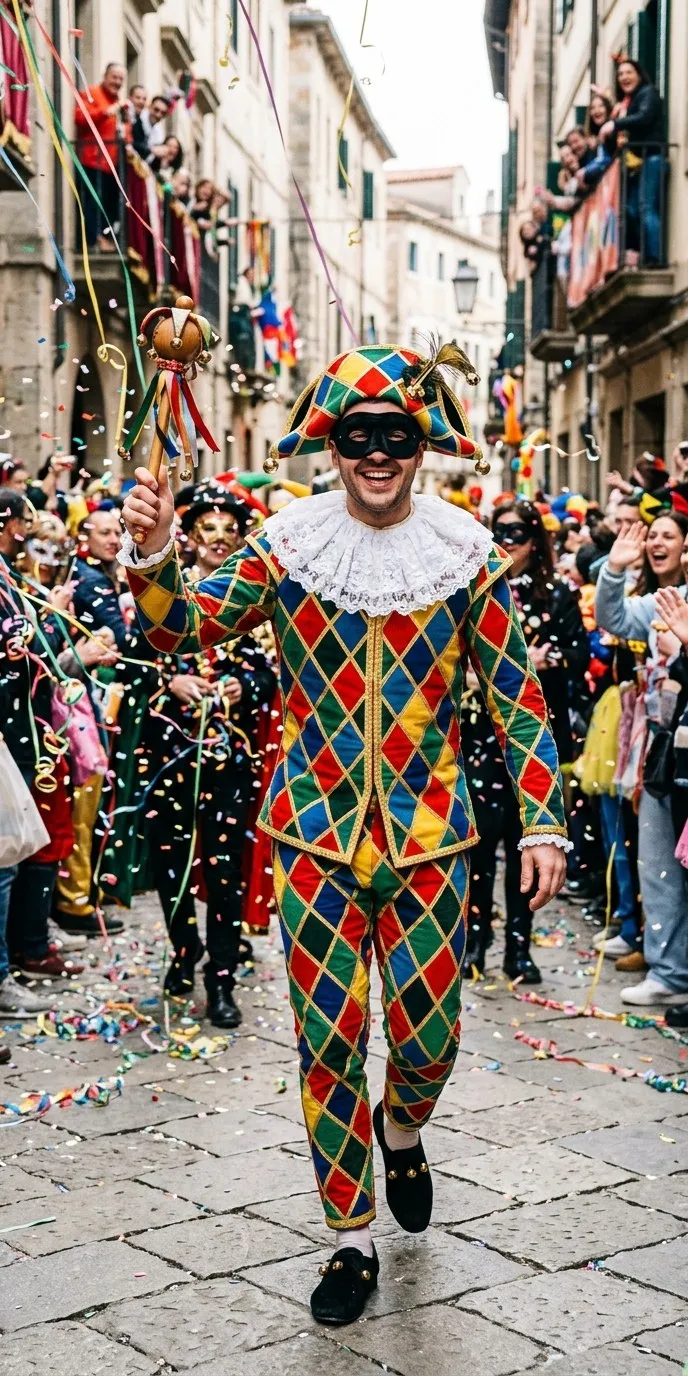 Hombre adulto disfrazado de arlequín con traje de rombos rojos, verdes, azules y amarillos, gorguera de encaje blanca, antifaz negro y gorro de bufón con cascabeles, con un cetro de bufón en la mano, desfilando entre confeti y serpentinas