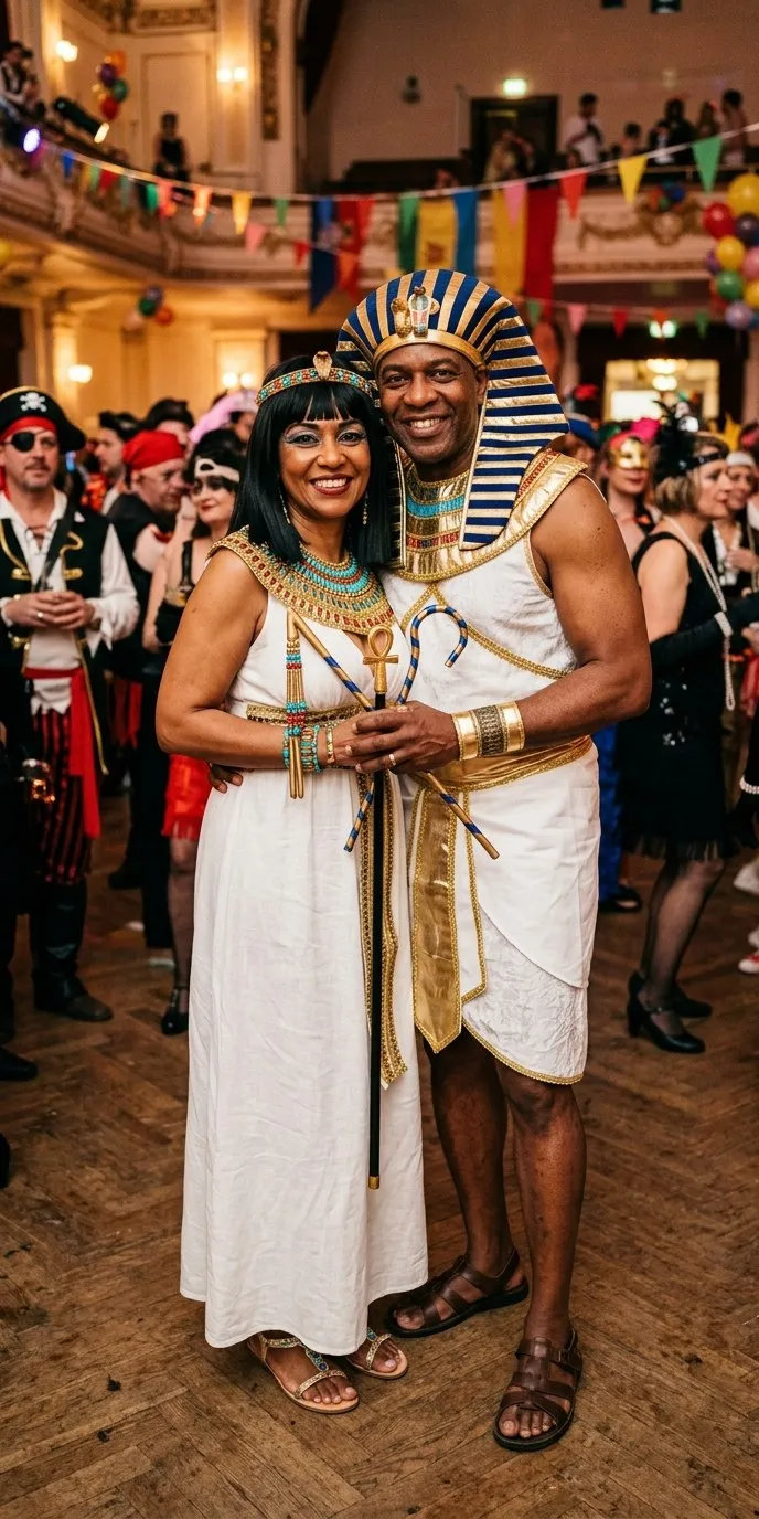Pareja adulta disfrazada de Cleopatra y faraón, abrazados: ella con vestido blanco largo, peluca negra con flequillo, collar ancho turquesa y dorado y cetro; él con túnica blanca, tocado de rayas azules y doradas, collar dorado y brazaletes, en un salón de fiesta de carnaval