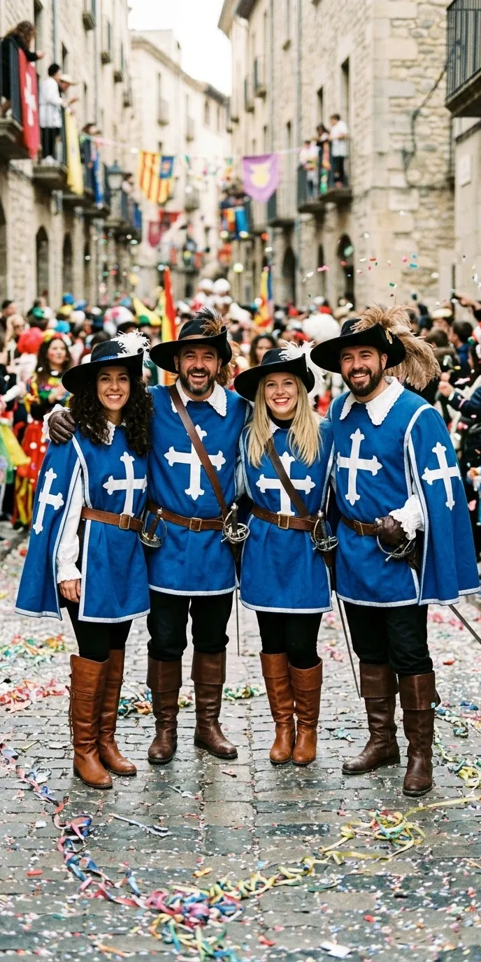 Cuatro adultos, dos mujeres y dos hombres, abrazados y sonriendo con disfraz de mosquetero: sobreveste azul con cruz blanca, sombrero negro de ala ancha con pluma, camisa blanca, botas altas marrones y espadas, en una calle de carnaval con confeti y serpentinas