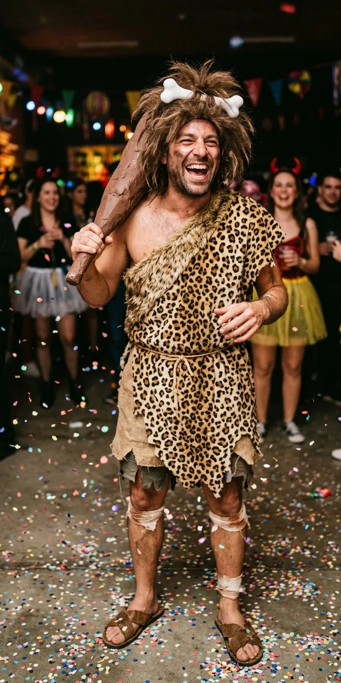 Hombre adulto riendo con disfraz de cavernícola: túnica de un solo hombro con estampado de leopardo, peluca despeinada con un hueso de juguete en el pelo, rodillas y tobillos vendados y maza de espuma al hombro, en una fiesta con confeti