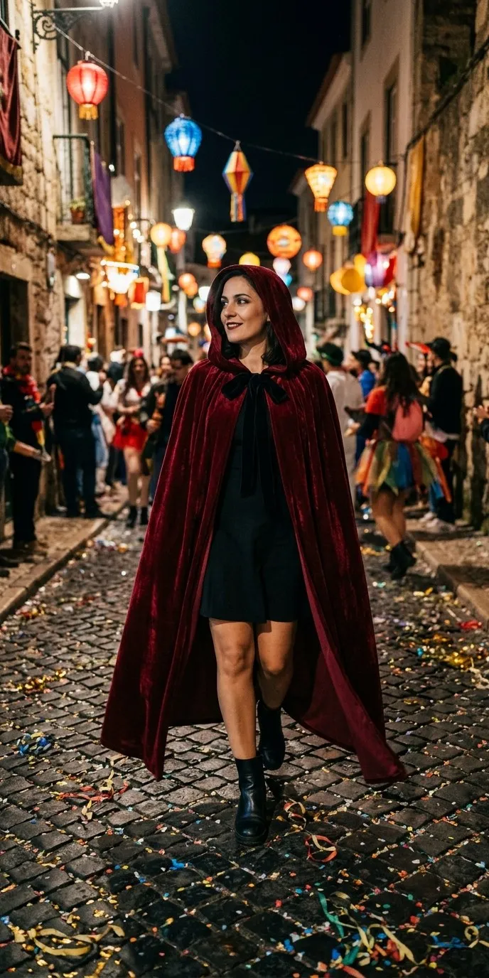 Mujer adulta caminando por una calle empedrada de carnaval de noche, con capa larga de terciopelo granate con capucha puesta y lazo negro al cuello sobre un vestido corto negro y botas negras, entre confeti, serpentinas y farolillos de colores
