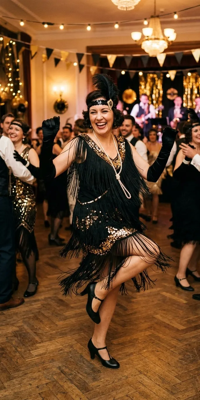 Mujer adulta bailando con disfraz de charlestón: vestido negro de flecos con lentejuelas doradas, diadema con pluma, collar largo de perlas y guantes largos negros, en un salón de baile con luces cálidas
