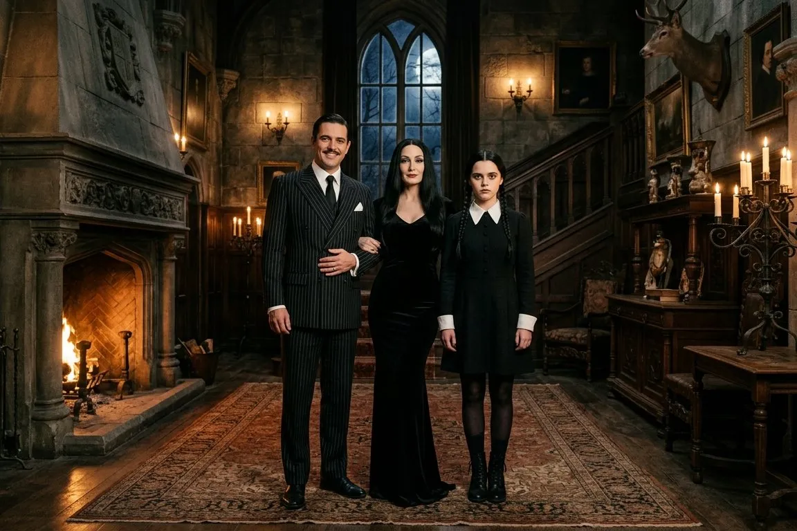 Grupo disfrazado de la familia Addams, con una mujer de vestido negro largo y melena lisa, un hombre de traje de raya diplomática y una chica de vestido negro con cuello blanco y trenzas