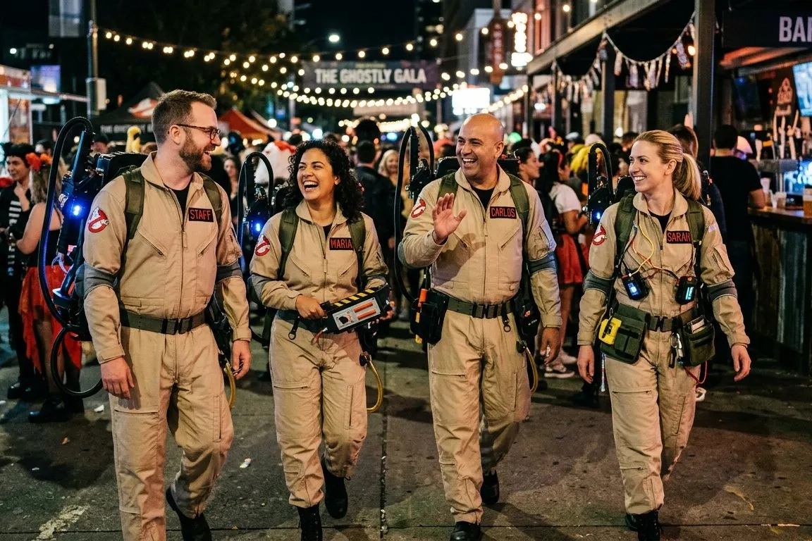 Cuatro personas disfrazadas de cazafantasmas con monos beis, cinturón de herramientas y mochilas de protones a la espalda, caminando de noche por una calle festiva