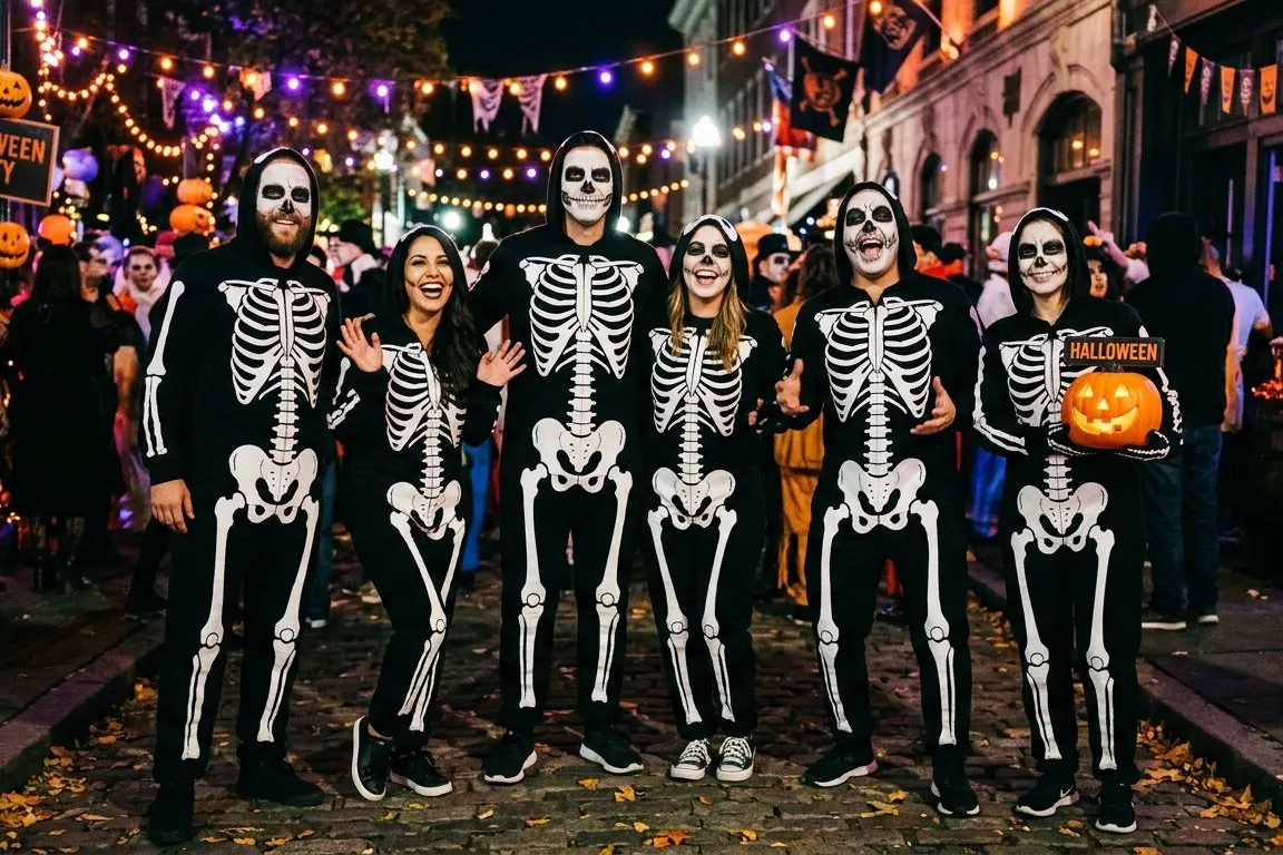 Varias personas con monos negros impresos con huesos y la cara pintada de calavera, de noche