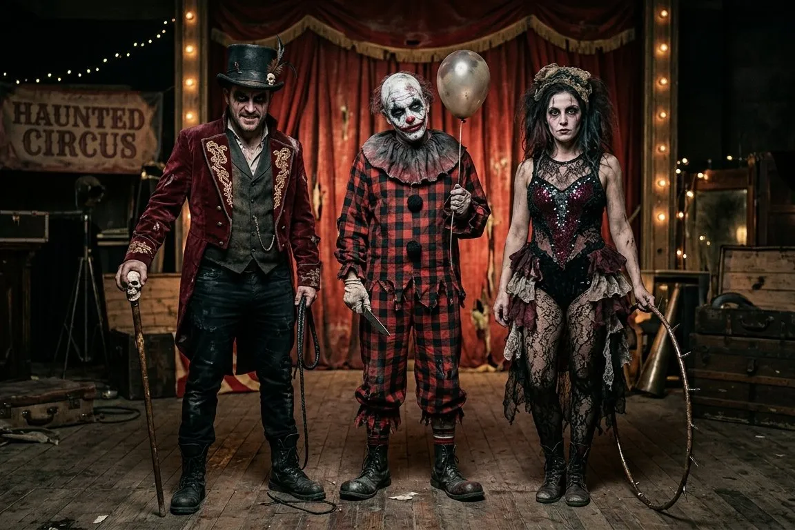 Grupo disfrazado de circo siniestro con maestro de ceremonias de levita roja y chistera, payaso de maquillaje blanco y artista con maillot y volantes