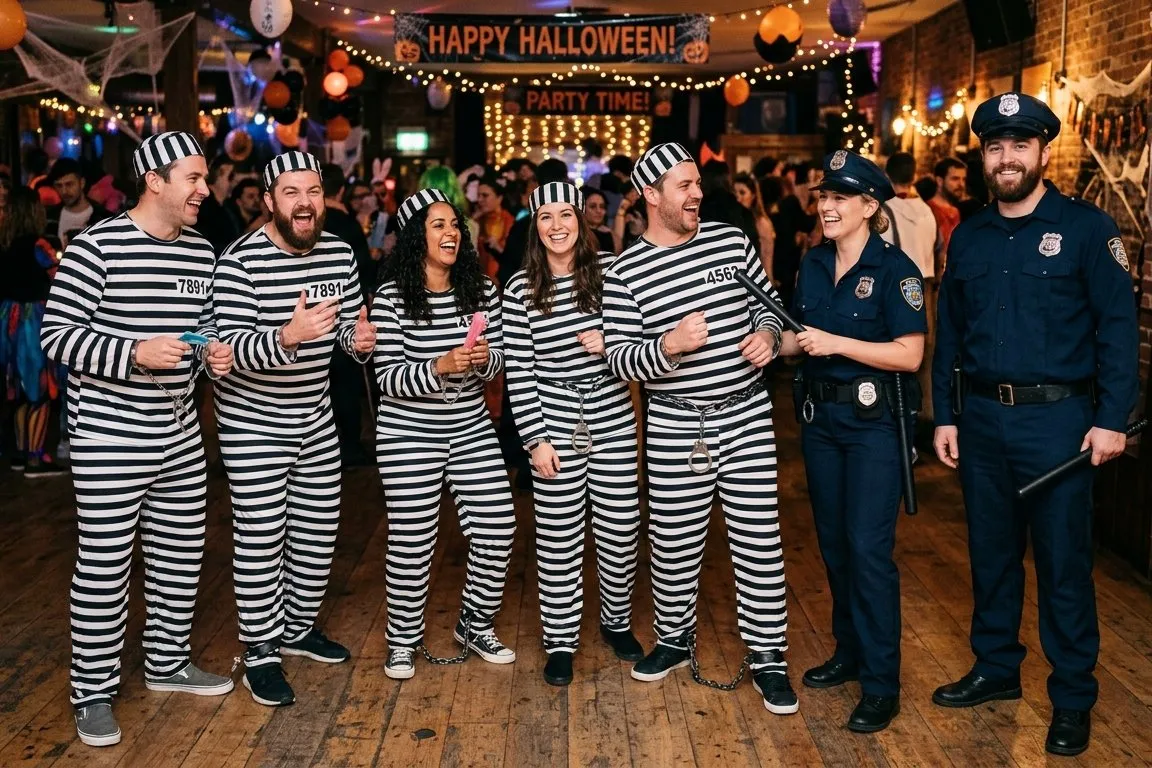 Grupo disfrazado de presos con monos de rayas blancas y negras y esposas de juguete, junto a una mujer y un hombre con uniforme oscuro de carcelero, gorra y porra