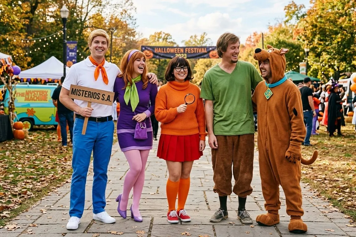 Grupo disfrazado de los personajes de Scooby-Doo, con vestido morado y diadema, jersey naranja y gafas, camiseta verde y pantalón marrón, y un kigurumi de perro marrón