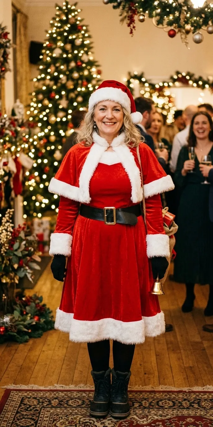 Mujer adulta disfrazada de Mamá Noel con vestido rojo de ribetes blancos de pelo, capa corta roja, cinturón negro y gorro rojo, en una fiesta navideña con luces de fondo