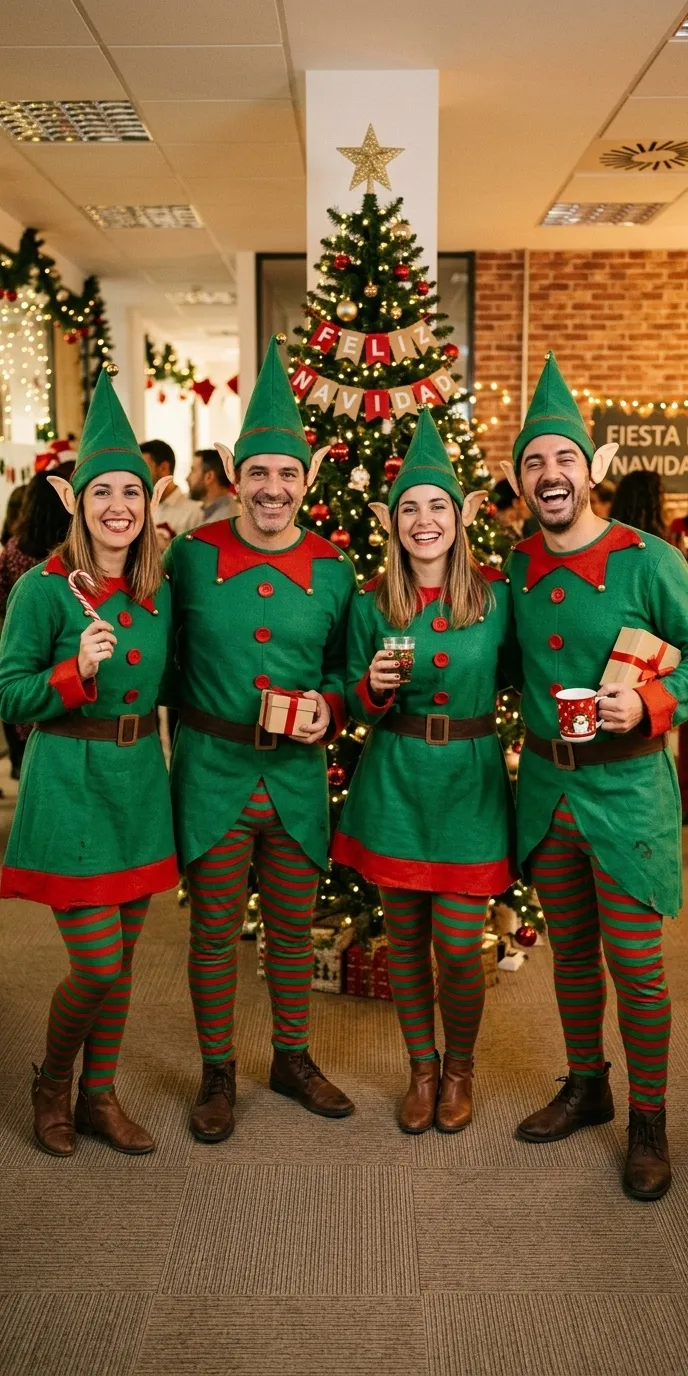 Grupo de cuatro adultos disfrazados de elfos de Navidad con túnicas verdes de ribete rojo, medias de rayas verdes y rojas, gorro verde puntiagudo con cascabel y orejas puntiagudas, junto a un árbol de Navidad decorado