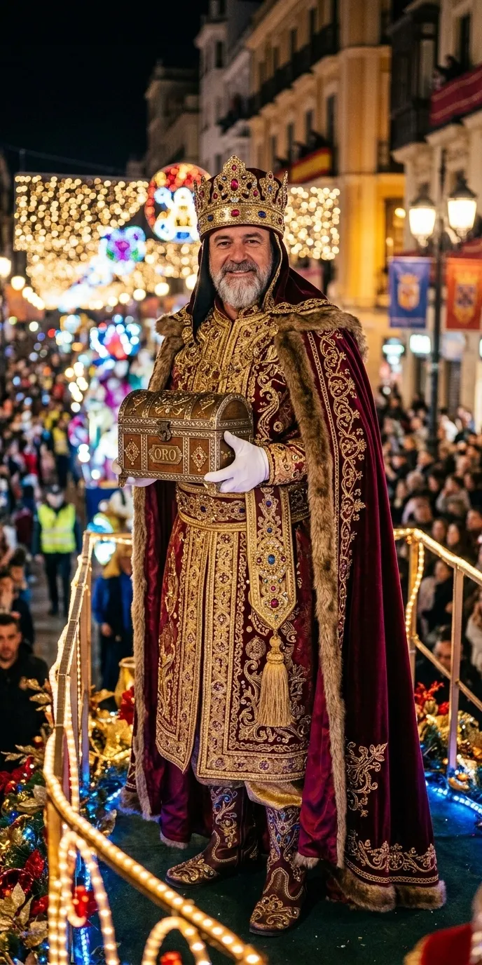 Hombre adulto disfrazado de Rey Mago con casaca larga bordada en dorado y granate, capa, corona dorada, fajín y un cofre de regalo en las manos, en una cabalgata nocturna