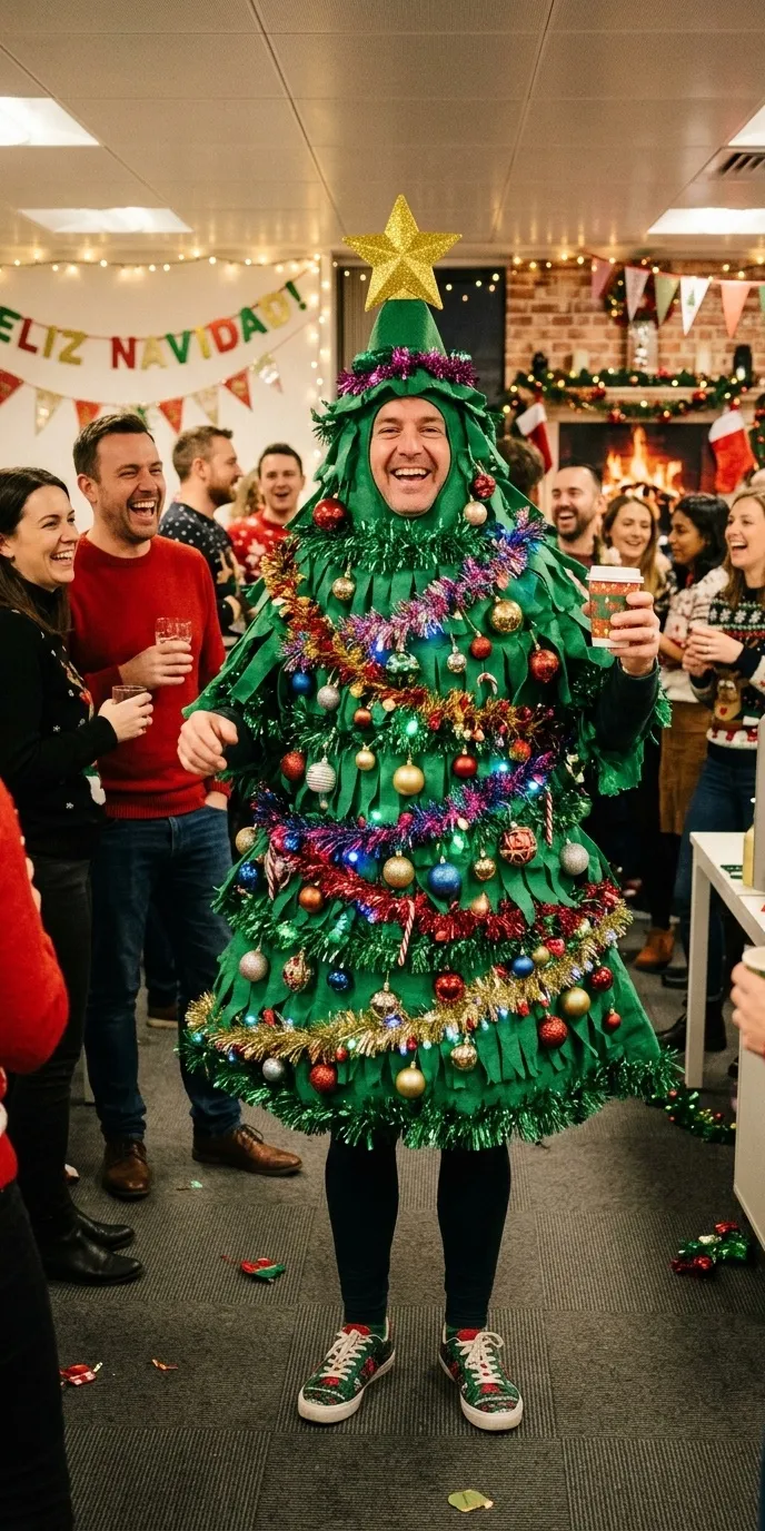 Hombre adulto con disfraz de árbol de Navidad de cuerpo entero en verde, con guirnaldas, bolas de colores y una estrella dorada en la parte superior, rodeado de compañeros de trabajo riéndose