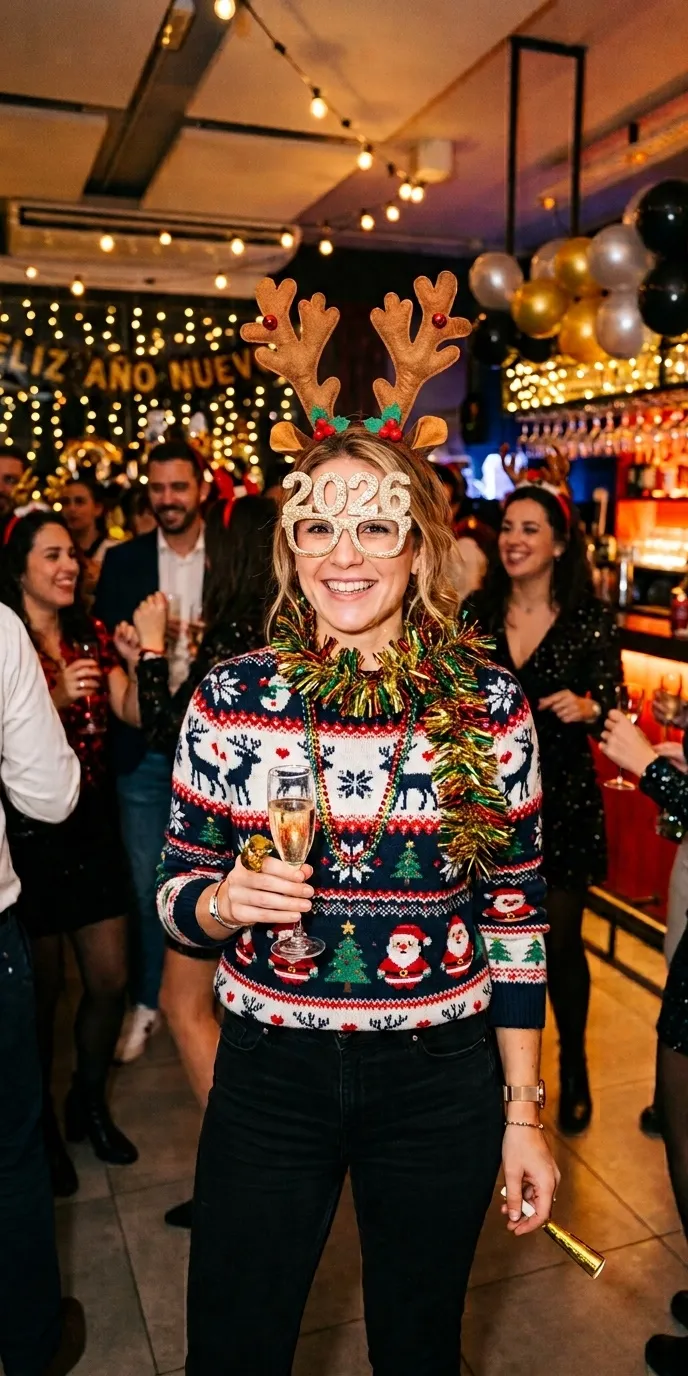 Mujer adulta en una fiesta nocturna de Nochevieja con jersey navideño de punto estampado con renos, copos de nieve, Papá Noel y árboles, diadema de cuernos de reno con acebo, gafas de fiesta y una guirnalda dorada y verde al cuello, sosteniendo una copa, con globos y luces de fondo