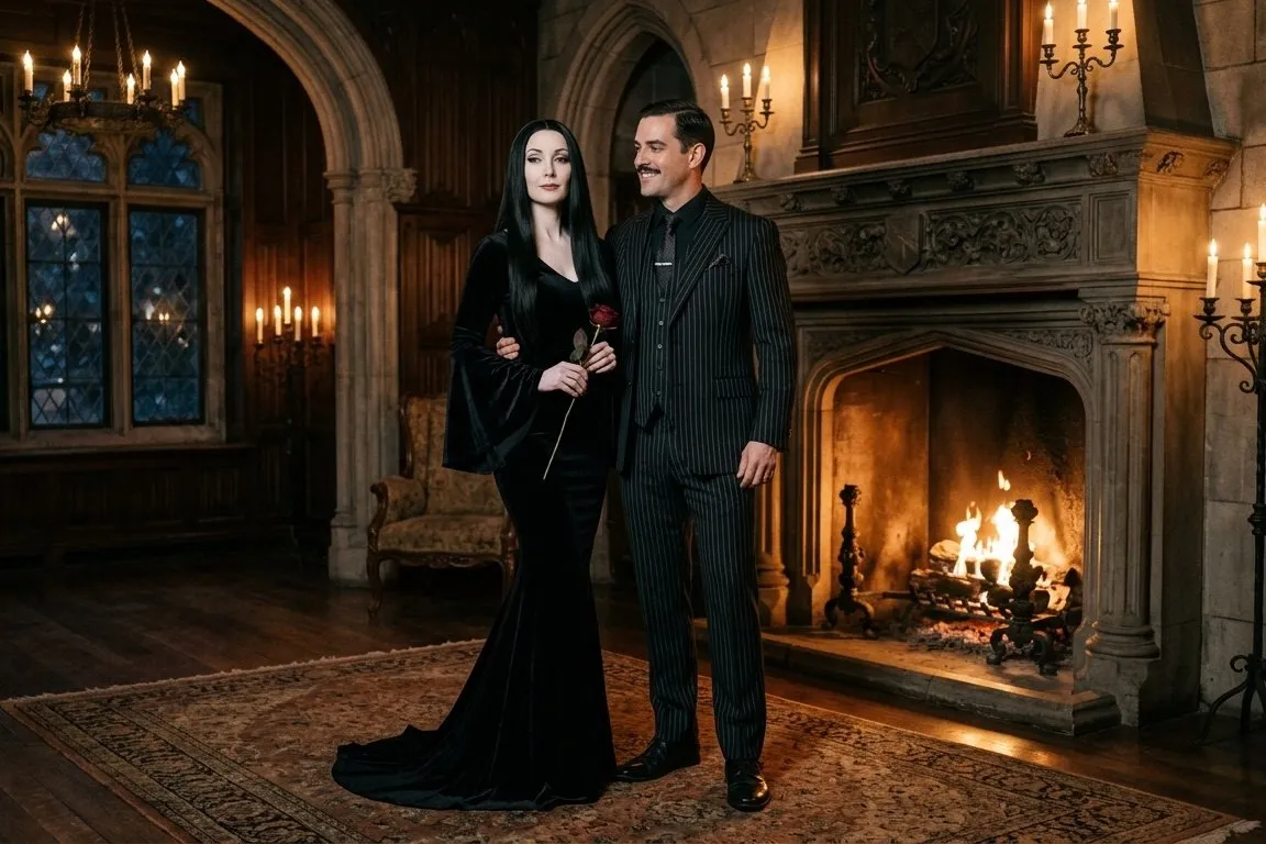 Pareja disfrazada de Morticia y Gómez Addams en un salón gótico, ella con vestido negro largo y ceñido y melena lisa hasta la cintura, él con traje de raya diplomatica y bigote fino