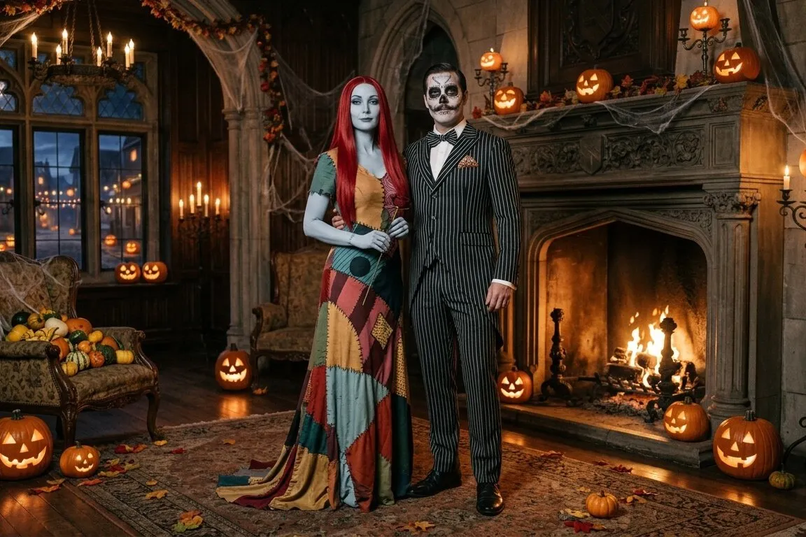 Pareja disfrazada para Halloween entre calabazas iluminadas, ella con vestido largo de retales de colores y pelo rojo, él con traje de rayas finas, pajarita y maquillaje de calavera