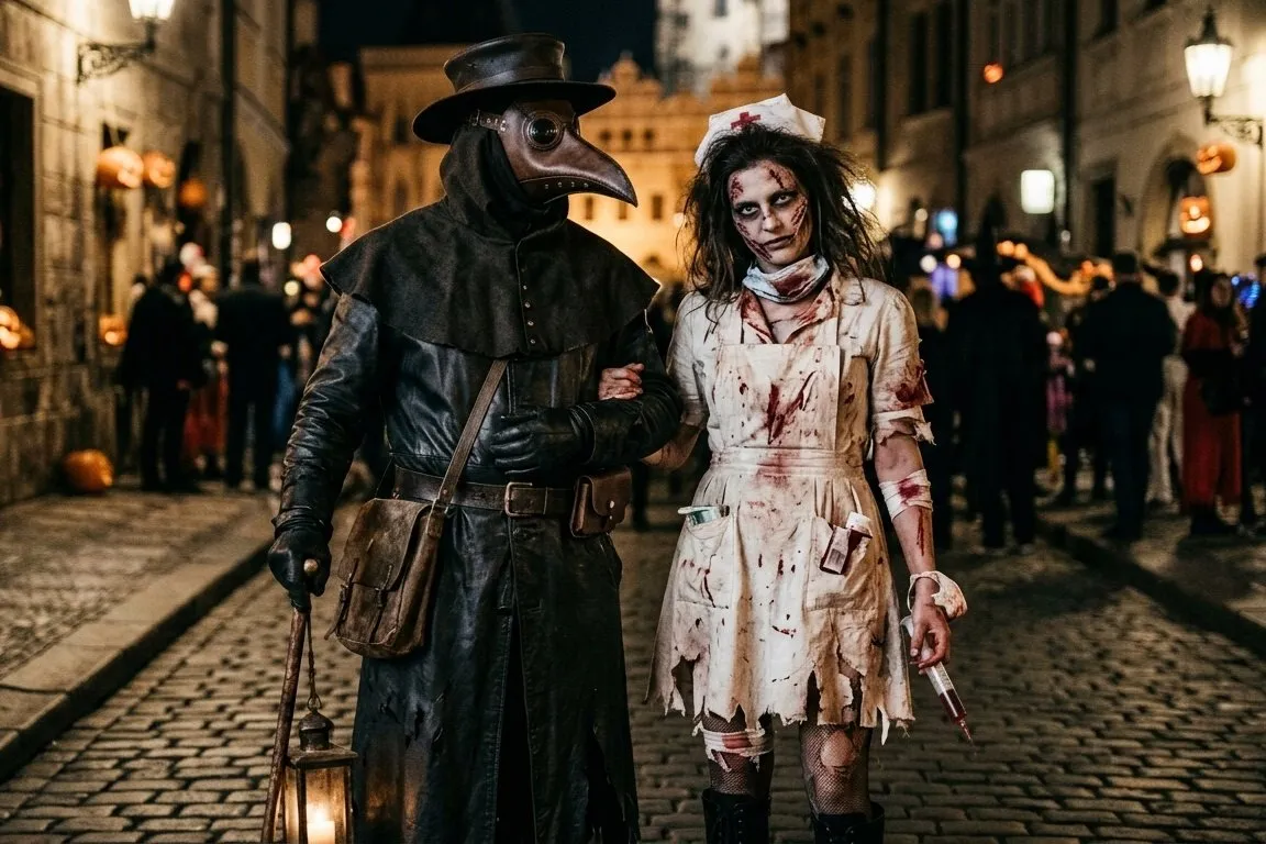 Pareja disfrazada de médico de la peste, con abrigo largo oscuro, sombrero y máscara de pico, y de enfermera zombi, con uniforme blanco manchado y cofia, en una calle empedrada