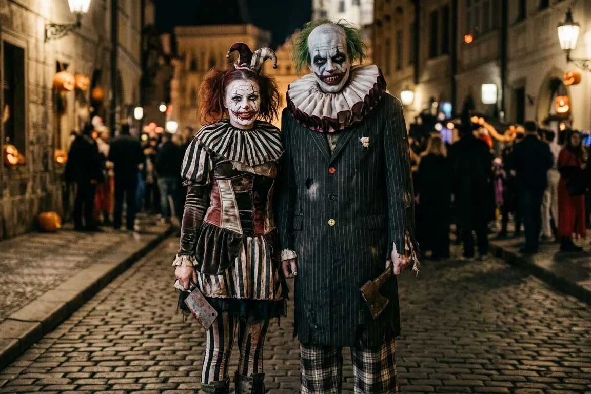 Pareja disfrazada de payasos siniestros con maquillaje blanco, gorguera de volantes y ropa de rayas desgastada, de noche en una calle empedrada