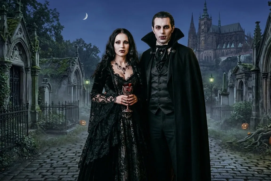 Pareja de vampiros en un cementerio de noche, él con capa negra de cuello alto y chaleco, ella con vestido gótico de encaje negro y gargantilla
