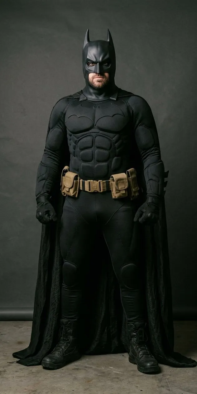 Hombre adulto disfrazado de superhéroe murciélago con mono negro de musculatura acolchada, cinturón táctico oliva con bolsillos, capa larga negra y antifaz con orejas puntiagudas