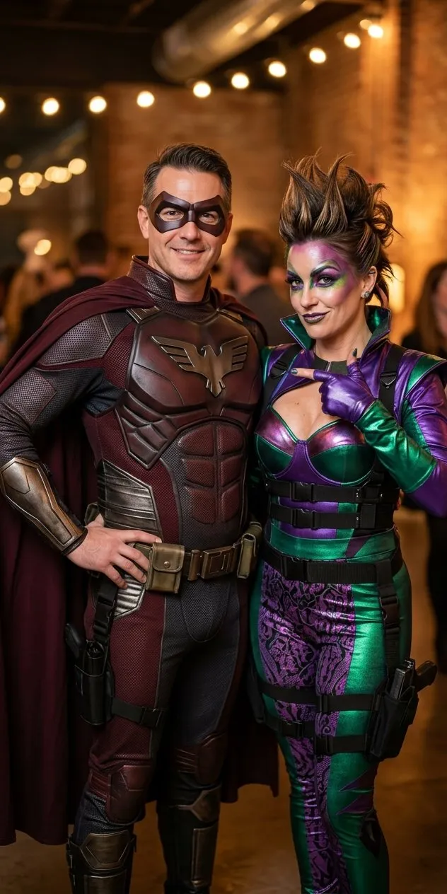 Pareja adulta disfrazada de superhéroe y villano de cómic, uno con capa y antifaz y otra con traje llamativo de villana, posando juntos en una fiesta nocturna