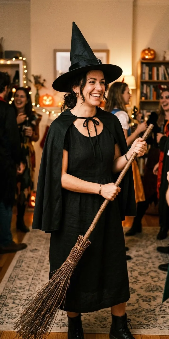 Mujer adulta con vestido negro propio, sombrero de pico y capa corta de bruja, con una escoba en la mano