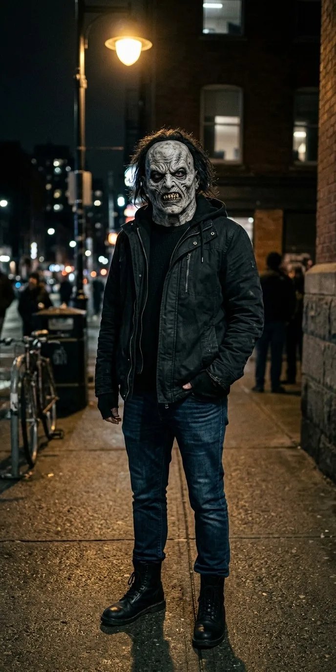 Persona adulta con máscara integral de látex de terror y ropa oscura de calle, en una calle nocturna