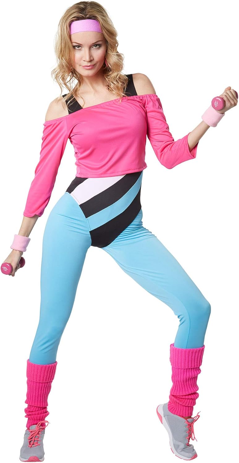 Disfraz profesora aerobic años 80 mujer body neón muñequeras diadema dressforfun