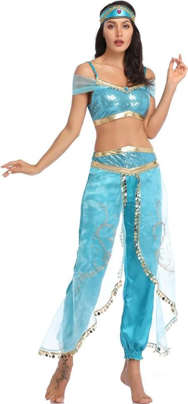 Disfraz Jasmine Aladdin adulto mujer conjunto 3 piezas top pantalón tocado turquesa TRACYCY carnaval